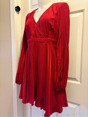 Petal & Pup Red Long-Sleeve Wrap Midi Dress, Sz 12, fits smaller.